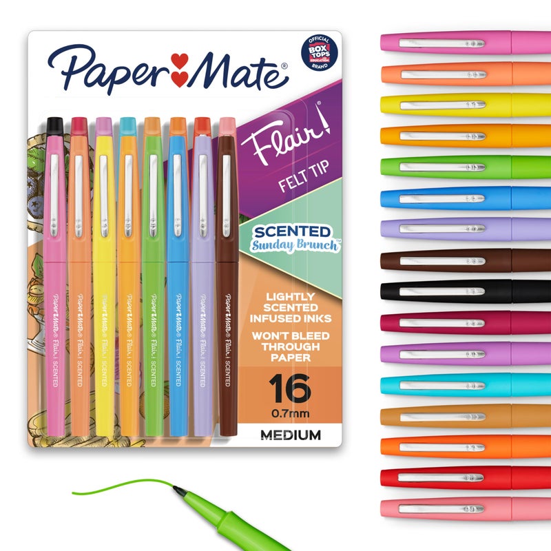 Paper Mate Flair Sunday Brunch Scented Felt Tip Pens, Assorted Colors, Medium Point (0.7mm), 16 Count - For Journaling, Writing, Note-Taking, Fun Teacher Supplies - Image 1